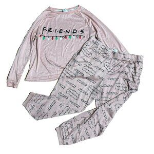 "Friends" Pink Pajama Set Pant Shirt Christmas 2 Piece Night Lounge Top LG 12-14